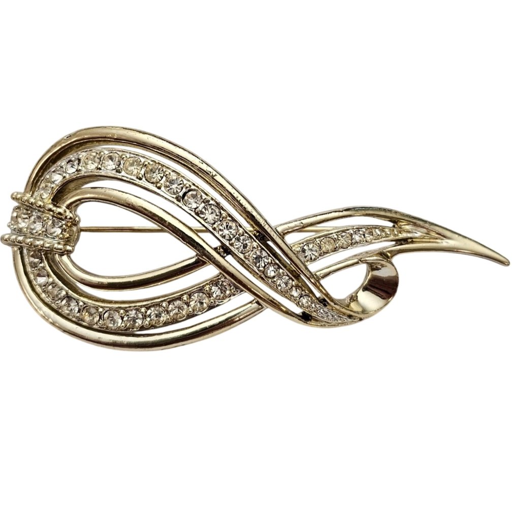 Marboux Ribbon Brooch, Clear Rhinestone Pin, Signed 1028